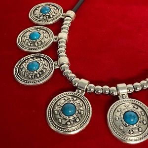 Black Leather & Silvertone Blue Pendant Necklace